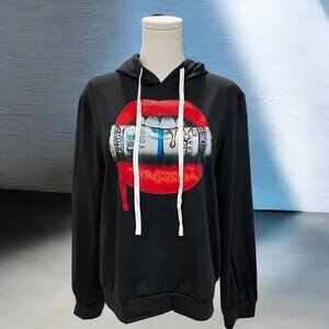 Lips Money Graphic Hoodie Black Streetwear Pullover Medium Urban Y2K Baddie